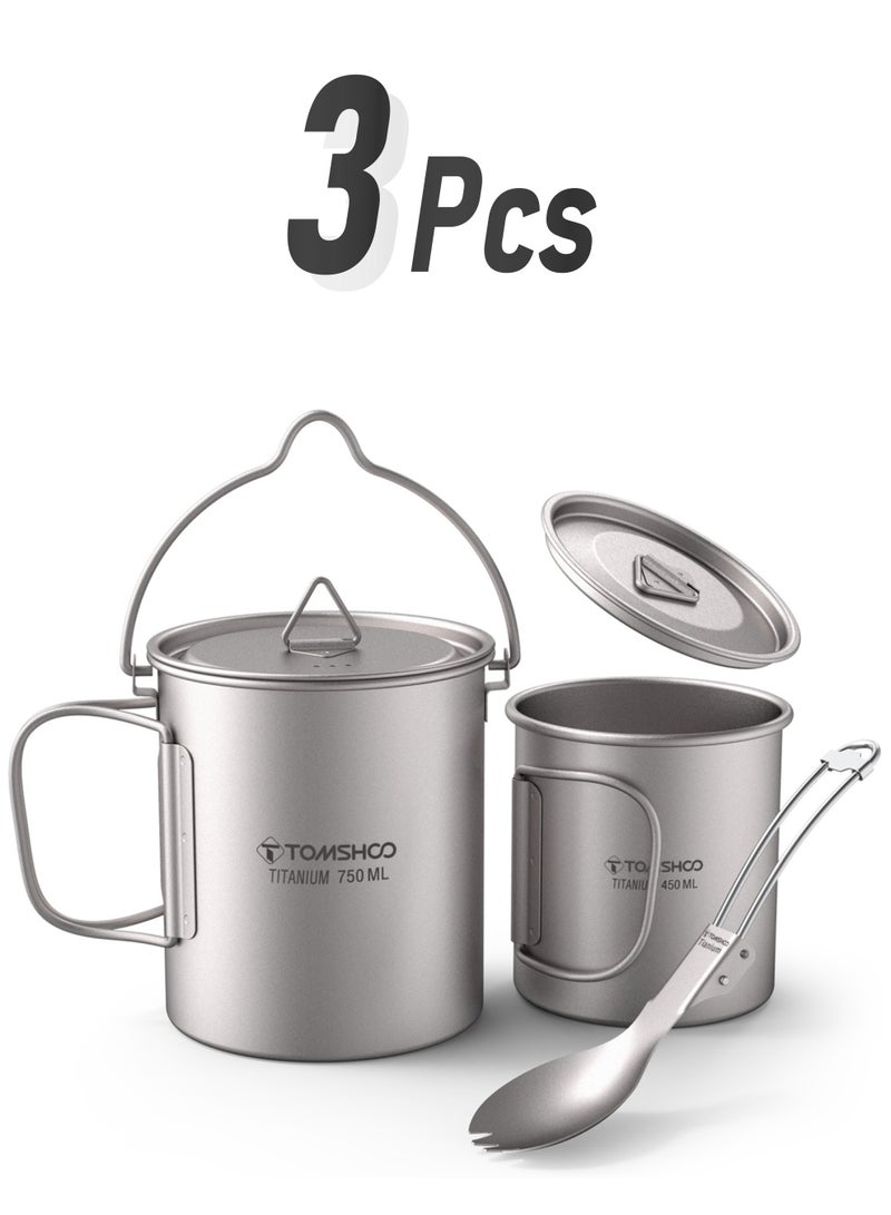 TOMSHOO Lightweight Titanium 3 Pieces Set Titanium 750ml Pot 450ml Water Cup Mug with Lid Collapsible Handle Folding Spork for Outdoor Camping Hiking Backpacking  - Image 1