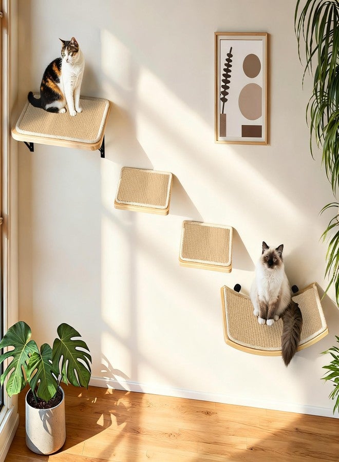 PELUOMOZ Cat Wall Shelves with Sisal Pads, 4-Piece Wooden Cats Furniture Set with Cat Window Perch, Flat Shelf & Sisal-Clad Steps for Climbing and Scratching - Image 1