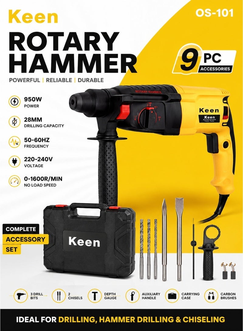 كين مطرقة دوارة كهربائية Keen OS-101 بقدرة 950 واط، أداة سلكية شديدة التحمل بقطر 28 مم، تدعم 3 أوضاع للتشغيل (الثقب، والطرق، والنحت)، سرعة دوران 0-1600 دورة في الدقيقة، مزودة بمقبض إضافي ومقياس للعمق، وتتضمن ريش ثقب وأزاميل وحقيبة حمل (مجموعة ملحقات مكونة من 9 قطع). - Image 2
