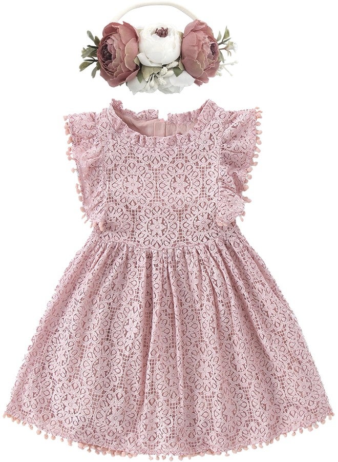 BGFKS Baby Girl Tutu Dress Elegant Lace Pom Pom Flutter Sleeve with Flower Headband Set(Dusty Rose,6 Months) - Image 1