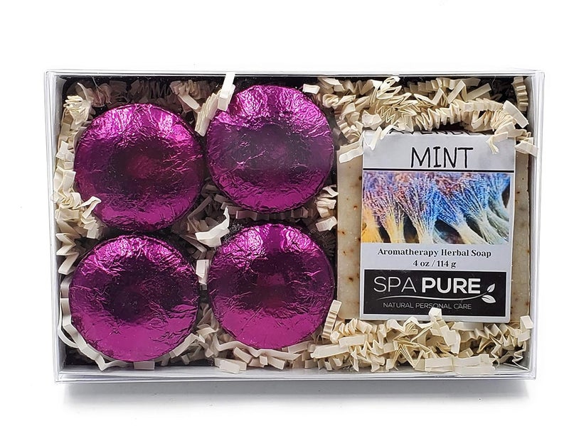 Spa Pure Aromatherapy Gift Set Lavender Mint Artisan Soap 4 Shower Steamers Made with Plant Based Ingredients Cotton Shower Bag Soap Bag - Image 1