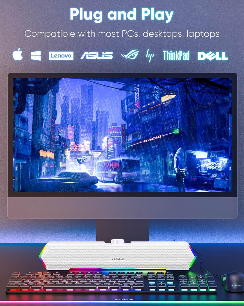 LENRUE G11 Computer Speakers for Desktop, Touch Lights PC Speakers with Surge Clear Sound, USB C/USB Powered for Computer Desktop PC Laptop Monitor (White) - Image 5