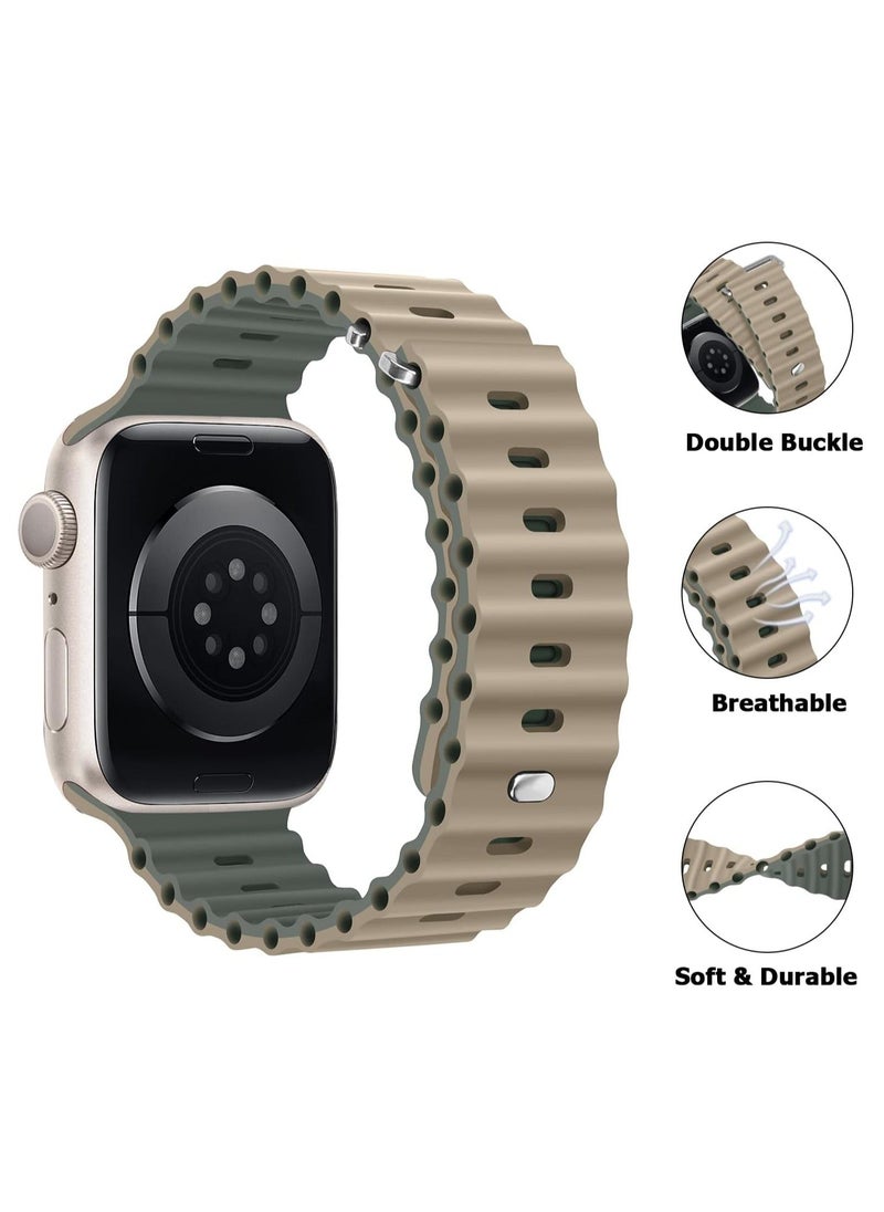 Color Fans - Soft Silicone Ocean Sports Strap Compatible Apple Watch 41mm 40mm 38mm for Men Women, Adjustible Watch Band for Apple Watch SE/Series 9/8/7/6/5/4/3/2/1 - Khaki/Gray Green - Image 1