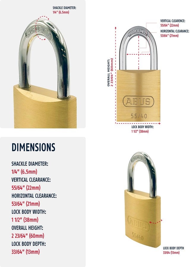 ABUS 55/40 Solid Brass Padlock with 2 Keys for School, Gym, Cabinet 1 1/2in (40mm) Wide, Keyed Alike (Keyed Different, 1) - Image 2