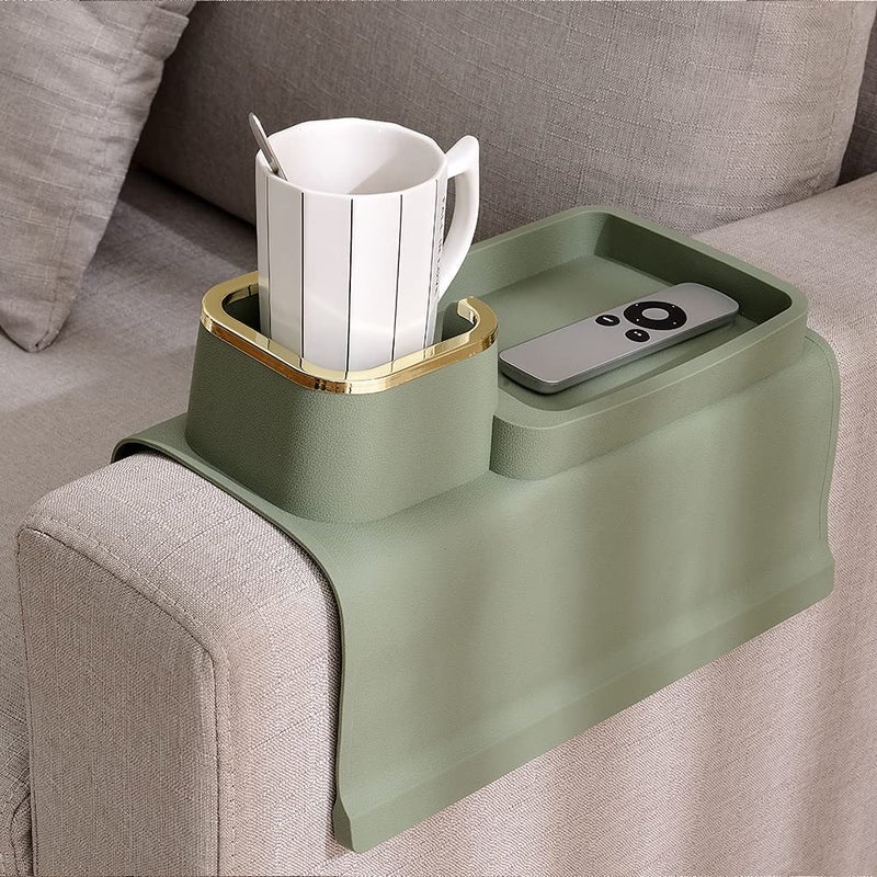 Sofa Cup Holder Tray, Silicone Anti-Spill and Anti-Slip Couch Arm Cup Holder, Strong and Weighted Remote/ Snacks/ Cellphone/ Earbuds Couch Tray for Recliner, Armchair (Olive Green) - Image 1
