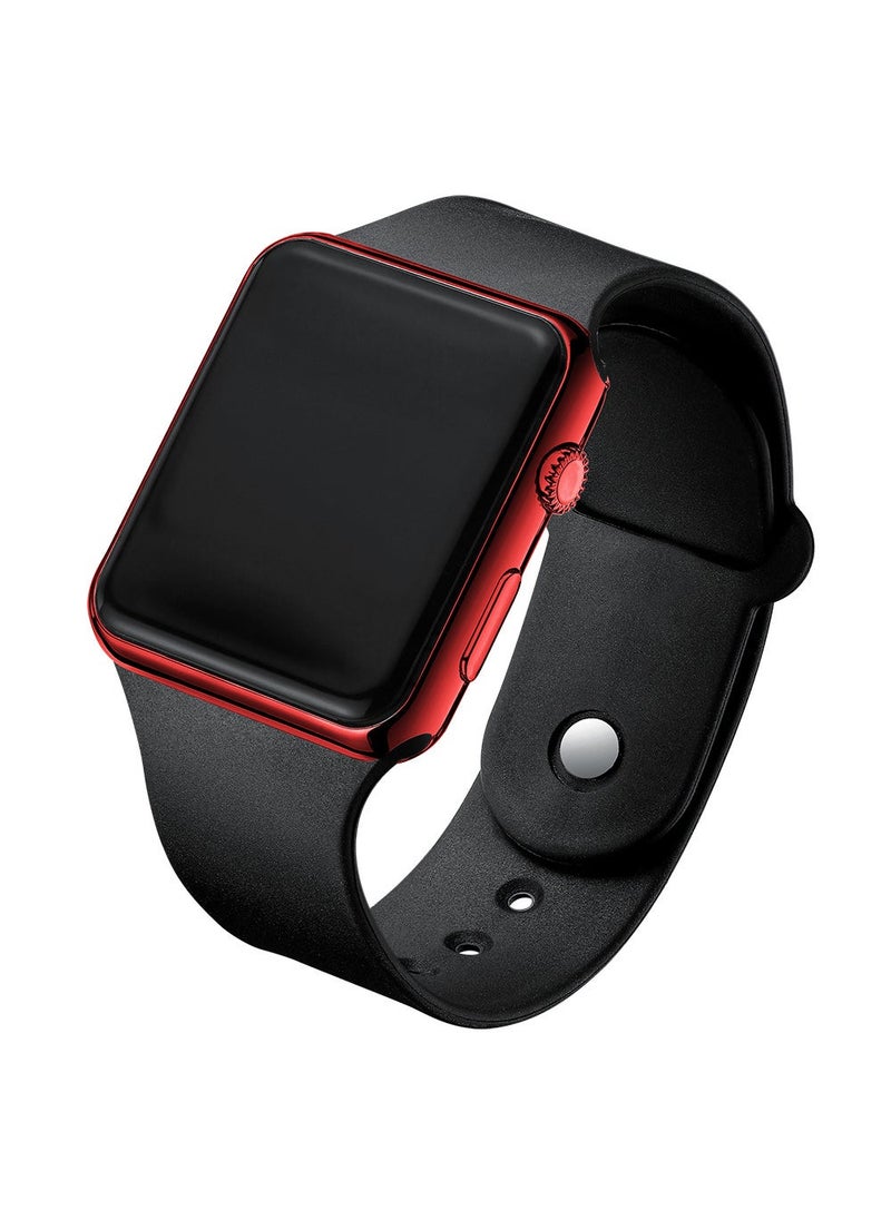 Summer push-on LED square display screen thin fashion electronic watch for lovers and students leisure sports electronic watch Red Shell Black Belt