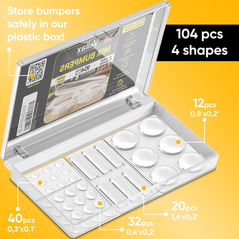 Vellax 104 Clear Cabinet Bumper Pads â€“ Self-Adhesive Silicone Buffer Set with 4 Shapes for Doors, Drawers & Furniture â€“ Sound Dampening & Surface Protection - Image 2