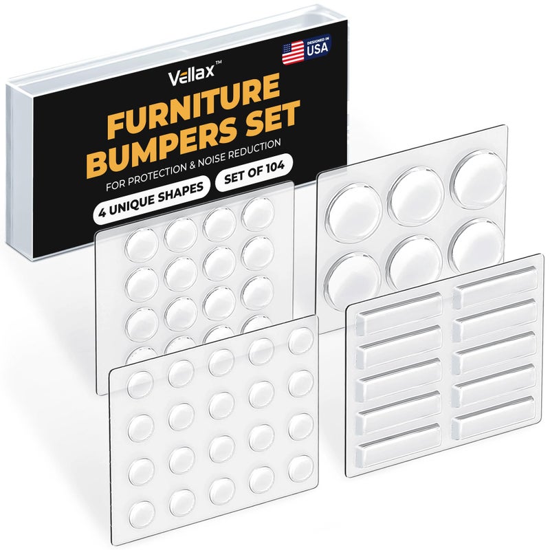 Vellax 104 Clear Cabinet Bumper Pads â€“ Self-Adhesive Silicone Buffer Set with 4 Shapes for Doors, Drawers & Furniture â€“ Sound Dampening & Surface Protection - Image 1