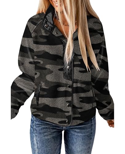 SELINK Womens Fleece Jacket Western Aztec Print Long Sleeve Snap Button Down Shacket Jackets with Pockets Black Camo-XXL - Image 1