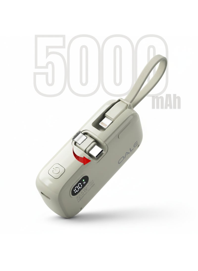 Oale 5000mAh Mini Power Bank 22.5W Fast Charging, Built-in Back Stand, Type-C & Lightning Ports, Ultra-Slim Pocket Size Portable Charger, Fast Power Bank Compatible with iPhone, Samsung, Android Devices | Beige - Image 1