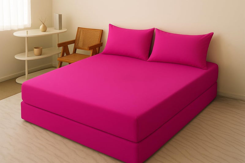 Luxury Bed Sheet Set Bright Pink Size 100 Bed Size – Soft and Wrinkle Resistant Cotton Material – Set Includes 1 Fitted Sheet 100cm*200cm*30cm Height + 2 Pillows – Elegant Touch to Your Bedroom