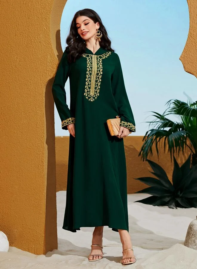 تايك تو Dark Green Embroidered Jalabiya with Hood