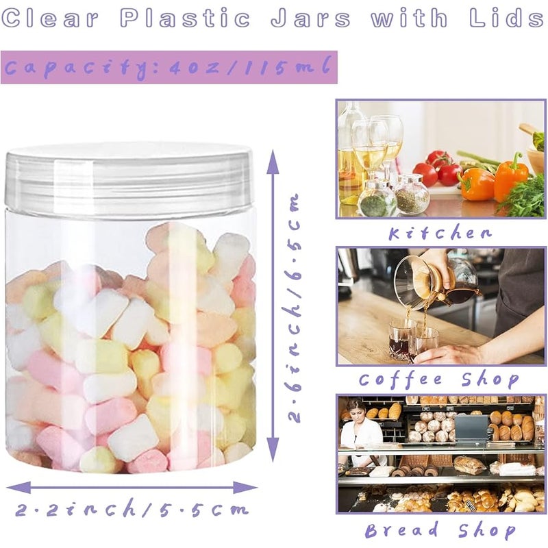 Panxxsen 20 Pack 4oz Clear Plastic Jars with Lids,Wide-Mouth Refillable Storage Containers,Empty Round Containers for Candy,Beads,Lotion,Slime Making and Food Storage - Image 2