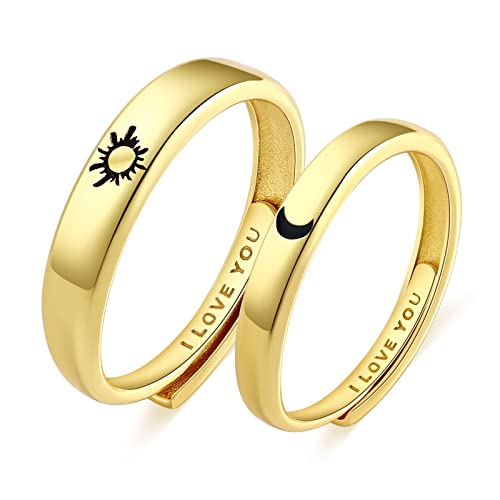 Beydodo خاتم خطوبة بيودودو، خواتم وعد للرجال من الفضة الإسترلينية 925 خاتم زفاف الشمس والقمر قابل للتعديل خواتم الأزواج المنقوشة أحبك - Image 1