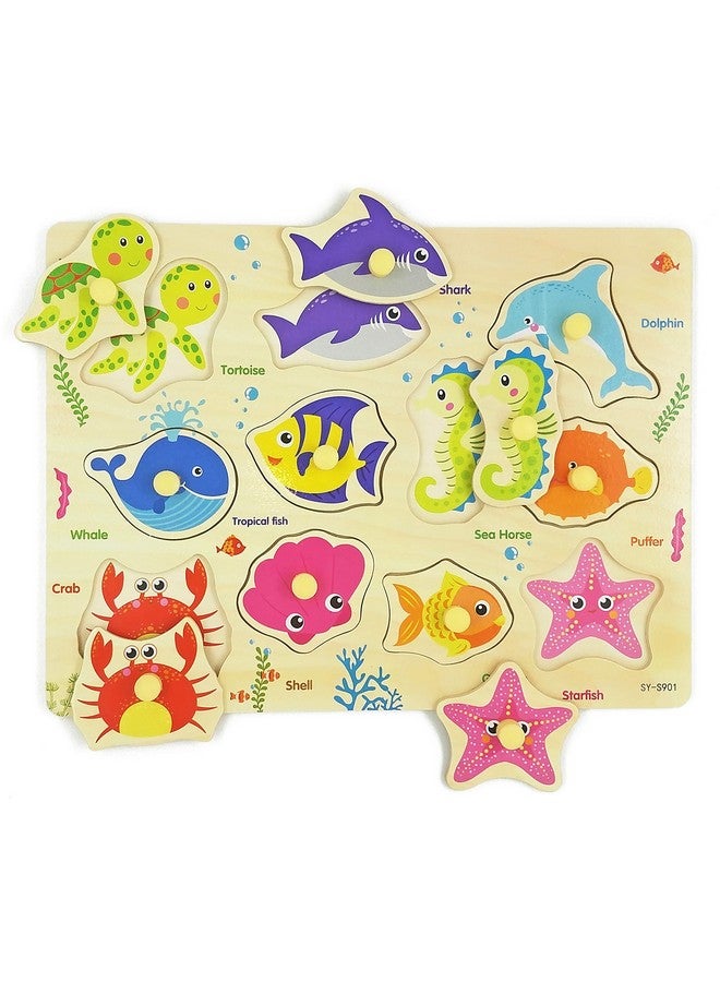 لغز الوتد الخشبي، مخلوق بحري، ألغاز أطفال مكتنزة، ألغاز خشبية ملونة، لوح ربط، لغز بمقبض حيواني، للأطفال الصغار التربويين من سن 18 شهرًا فما فوق، 11 قطعة - Image 1