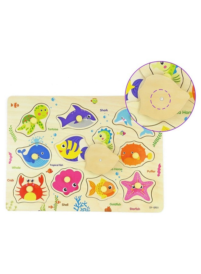 لغز الوتد الخشبي، مخلوق بحري، ألغاز أطفال مكتنزة، ألغاز خشبية ملونة، لوح ربط، لغز بمقبض حيواني، للأطفال الصغار التربويين من سن 18 شهرًا فما فوق، 11 قطعة - Image 3