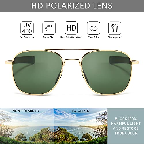 SUNGAIT Men's Military Style Polarized Pilot Aviator Sunglasses - Bayonet Temples (Gold Frame/Green Lens, 55) A285JKLV - Image 2