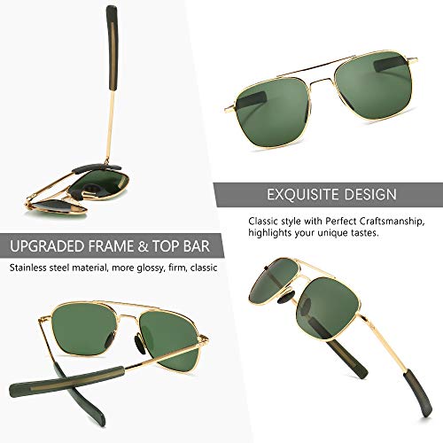 SUNGAIT Men's Military Style Polarized Pilot Aviator Sunglasses - Bayonet Temples (Gold Frame/Green Lens, 55) A285JKLV - Image 4