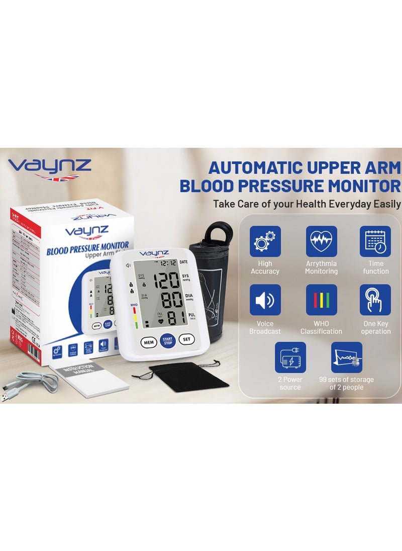 vaynz VAYNZ BP Pressure Monitor CE Approved – Smart Voice Upper Arm Electronic Device for Home Use, 22–42cm Large Cuff, 2x99 Memory, White  - Image 5