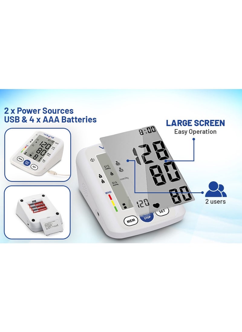vaynz VAYNZ BP Pressure Monitor CE Approved – Smart Voice Upper Arm Electronic Device for Home Use, 22–42cm Large Cuff, 2x99 Memory, White  - Image 4