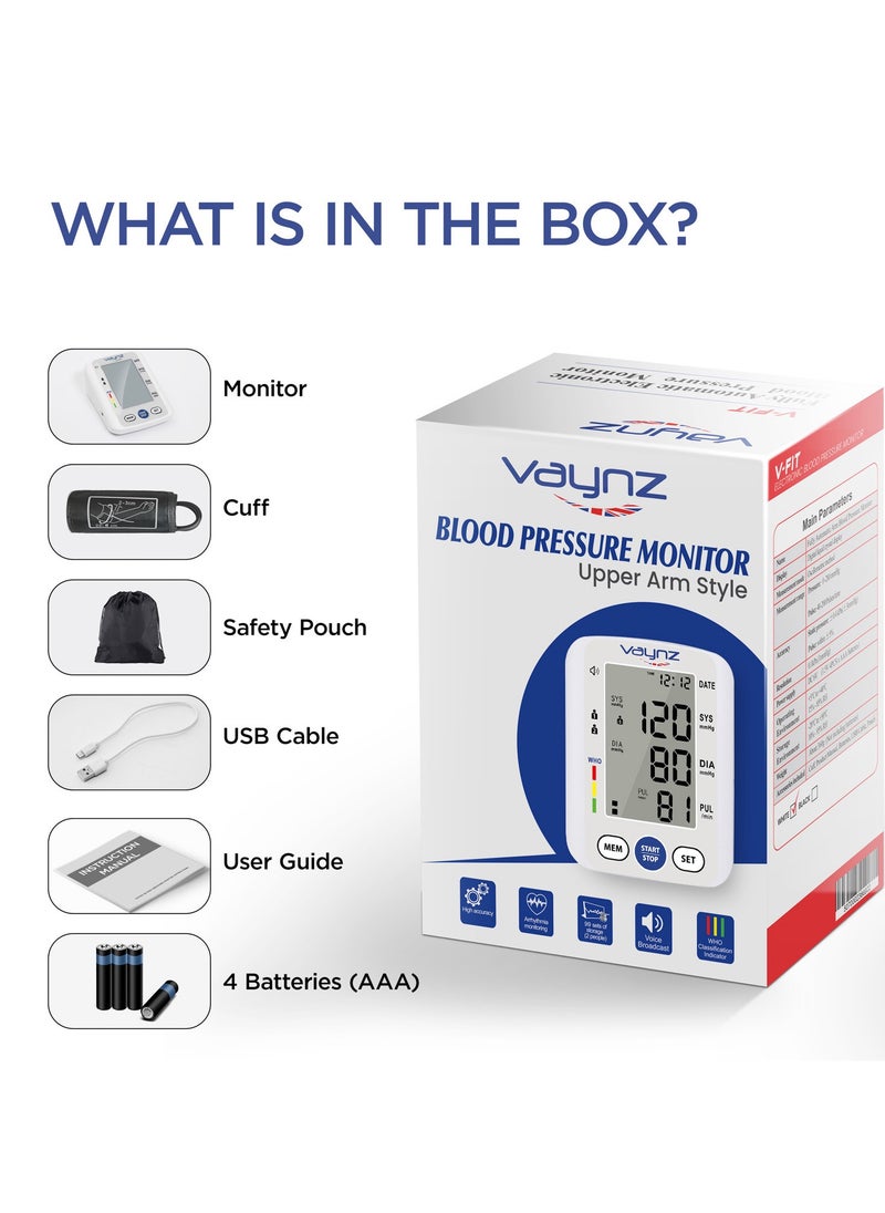 vaynz VAYNZ BP Pressure Monitor CE Approved – Smart Voice Upper Arm Electronic Device for Home Use, 22–42cm Large Cuff, 2x99 Memory, White  - Image 3