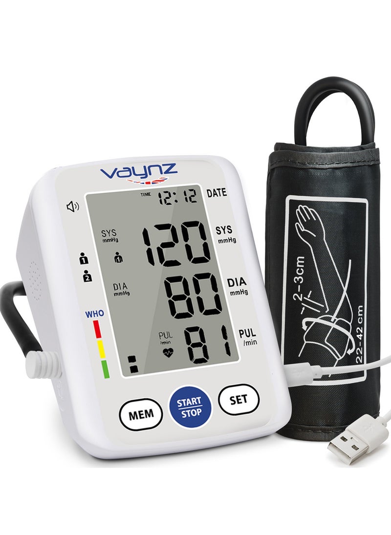 vaynz VAYNZ BP Pressure Monitor CE Approved – Smart Voice Upper Arm Electronic Device for Home Use, 22–42cm Large Cuff, 2x99 Memory, White  - Image 1