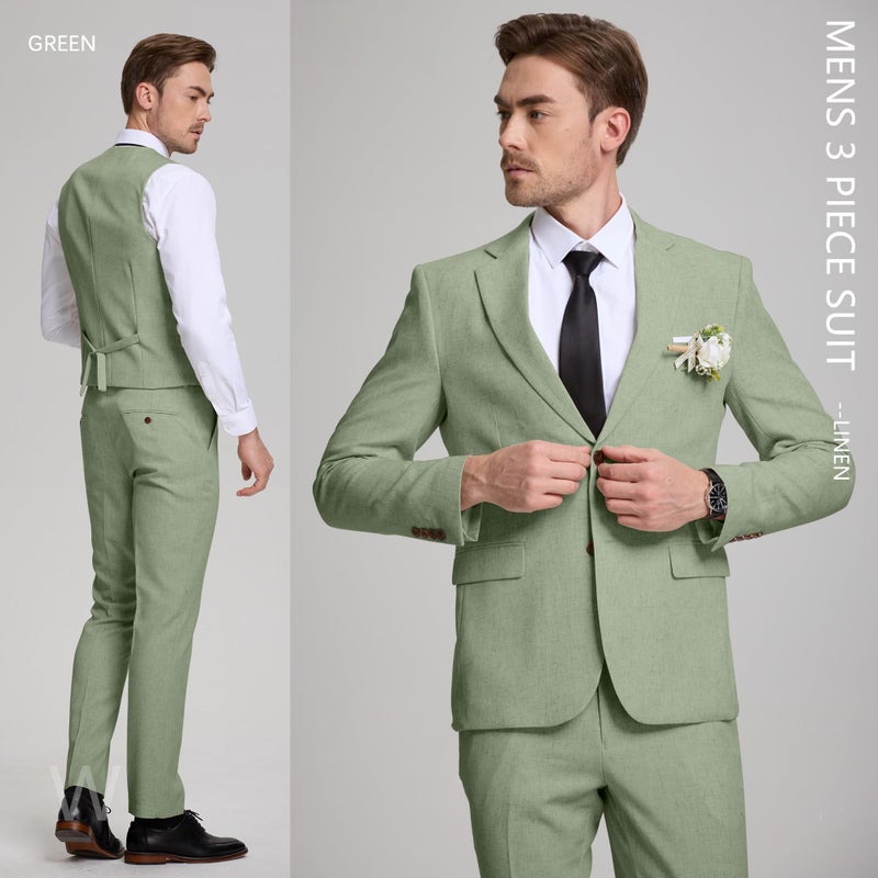 Diaryan بدلات لينين للرجال 3 قطع بتصميم كلاسيكي بدلة توكسيدو باللون الأخضر المريمي لحفلات الزفاف خفيفة الوزن بدلة رسمية مع سترة وبنطلون M - Image 3