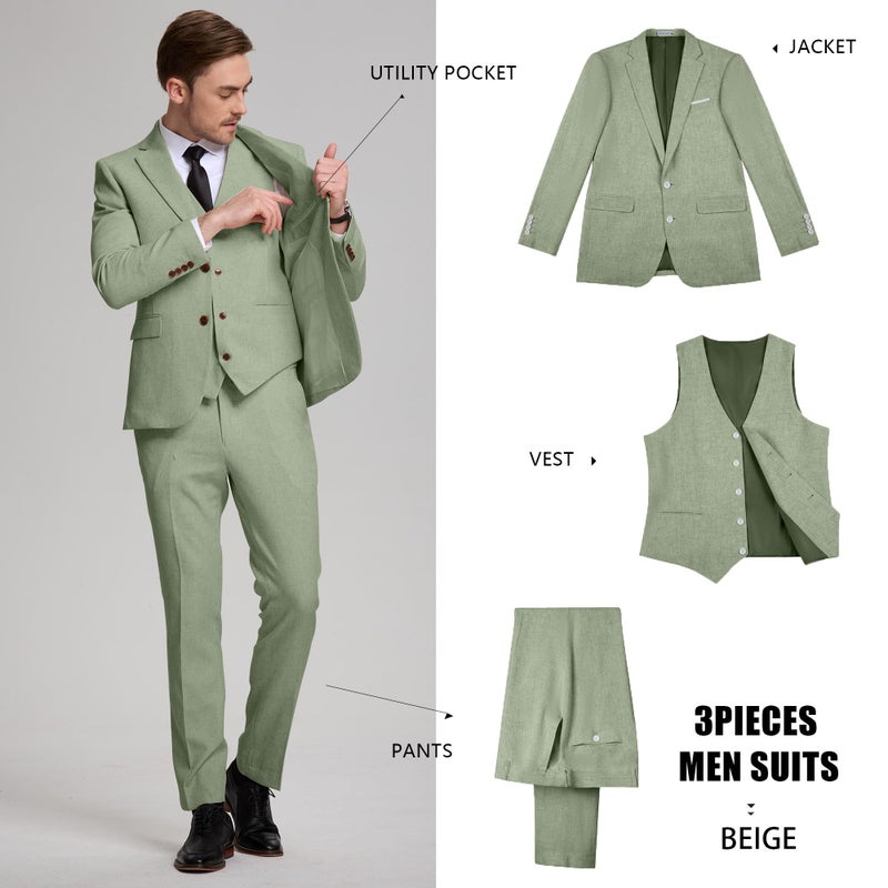 Diaryan بدلات لينين للرجال 3 قطع بتصميم كلاسيكي بدلة توكسيدو باللون الأخضر المريمي لحفلات الزفاف خفيفة الوزن بدلة رسمية مع سترة وبنطلون M - Image 4