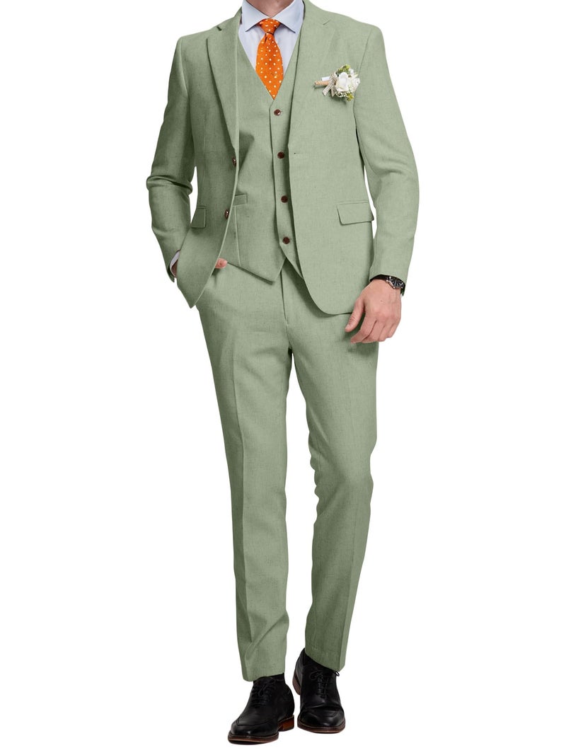 Diaryan بدلات لينين للرجال 3 قطع بتصميم كلاسيكي بدلة توكسيدو باللون الأخضر المريمي لحفلات الزفاف خفيفة الوزن بدلة رسمية مع سترة وبنطلون M - Image 5