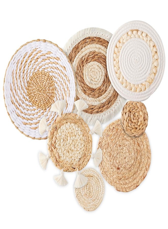 Dimpola 7 Pack Boho Wall Basket Decor - Seagrass Rattan Wicker Wall Decor Round Handmade Hanging Rustic Flat Elegant Wall Art for Farmhouse Living Rooms Bedrooms Display Table Settings Kitchen Home - Image 1