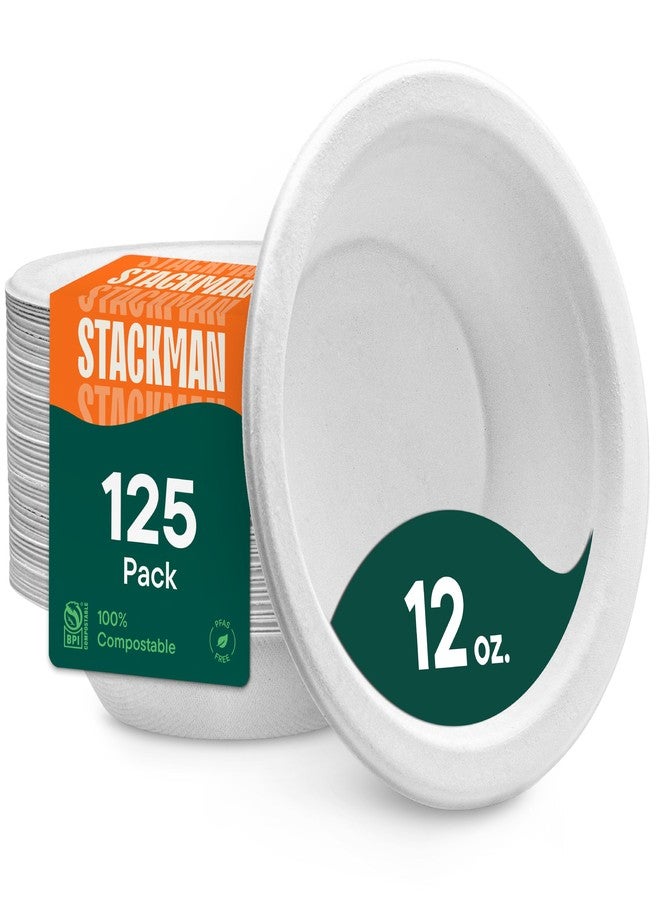 Stack Man 100% Compostable Disposable Paper Bowls [125-Pack] - {PFAS-Free} - {BPI Certified} - [12 oz] Heavy Duty, Eco-Friendly, Biodegradable Bagasse Hot Soup Bowls - Thick White 12oz Bowl Plates by Stack Man - Image 1