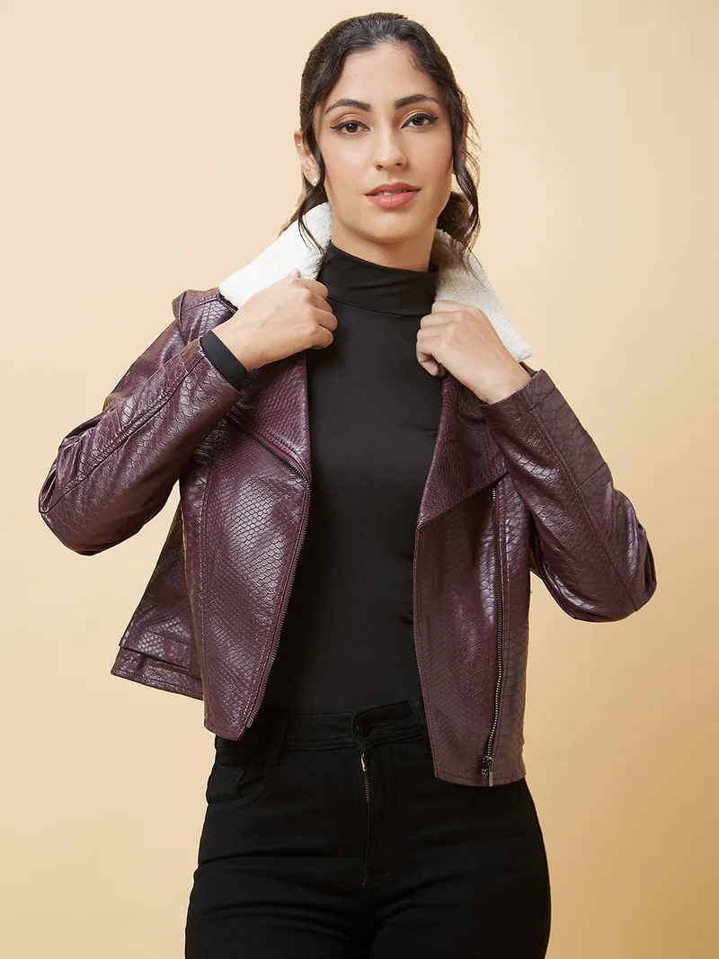 globus Women Lapel Collar Biker Jacket
