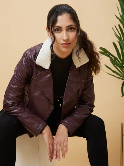 globus Women Lapel Collar Biker Jacket