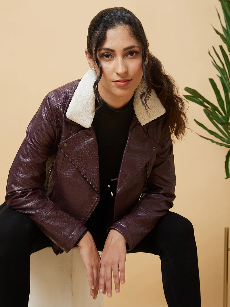 globus Women Lapel Collar Biker Jacket