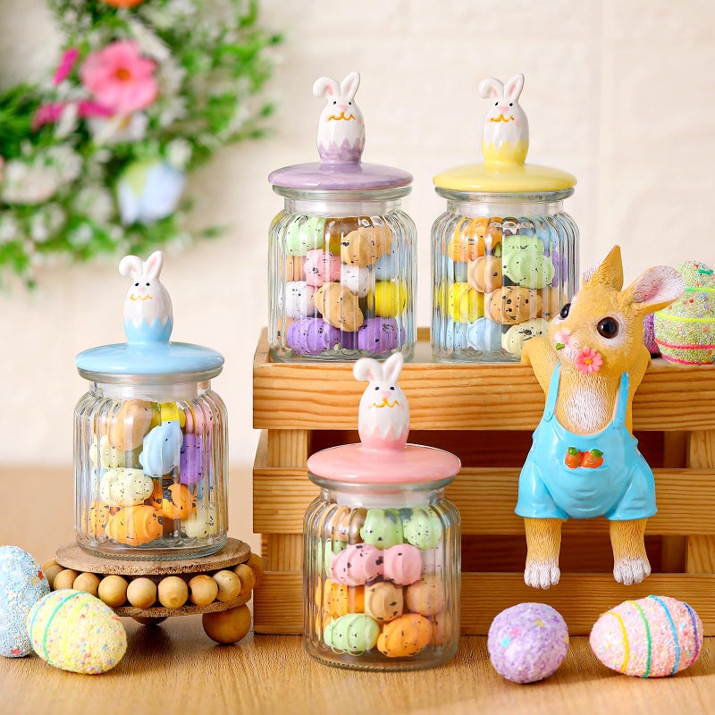 Nitial Easter Decorations- 4 Pcs Large Easter Glass Jars with Ceramic Bunny Lid-rabbits Cookie Jars 7.8 oz Pastel Glass Food Storage for Chocolate Candy Sweets Gift Mini Eggs Table Decoration - Image 1