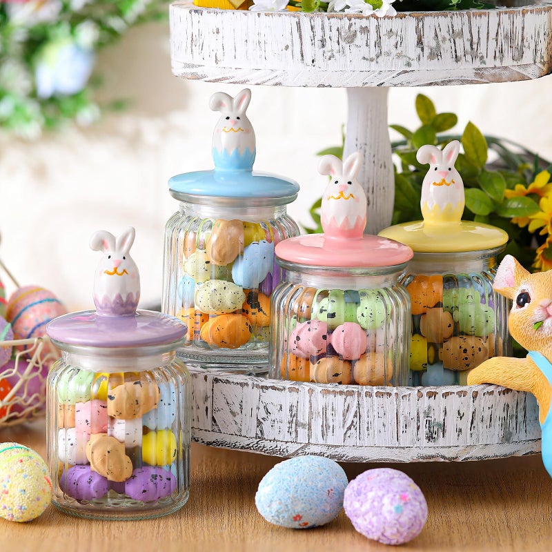 Nitial Easter Decorations- 4 Pcs Large Easter Glass Jars with Ceramic Bunny Lid-rabbits Cookie Jars 7.8 oz Pastel Glass Food Storage for Chocolate Candy Sweets Gift Mini Eggs Table Decoration - Image 4