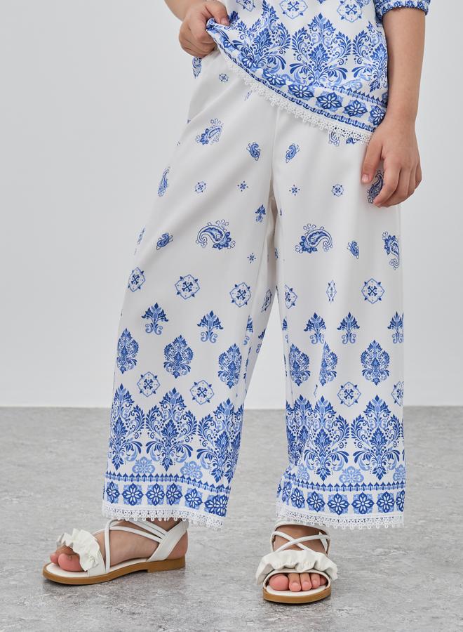 ستايلي طقم بناتي مطبوع بلوزة بياقة ربط وبنطلون واسع - Image 4