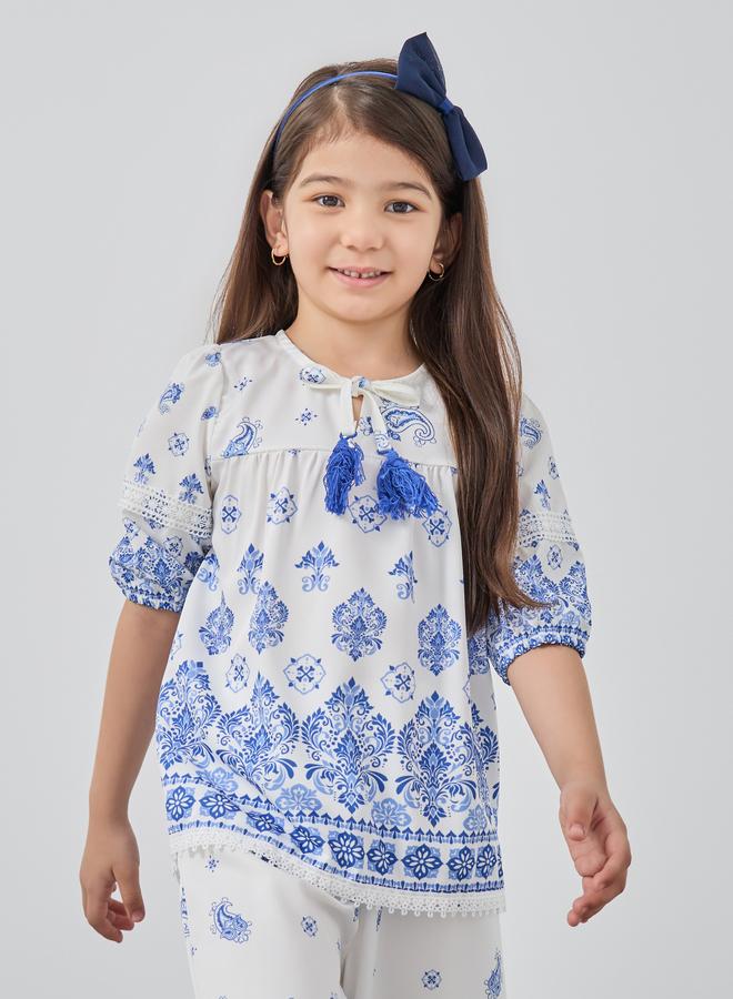 ستايلي طقم بناتي مطبوع بلوزة بياقة ربط وبنطلون واسع - Image 2