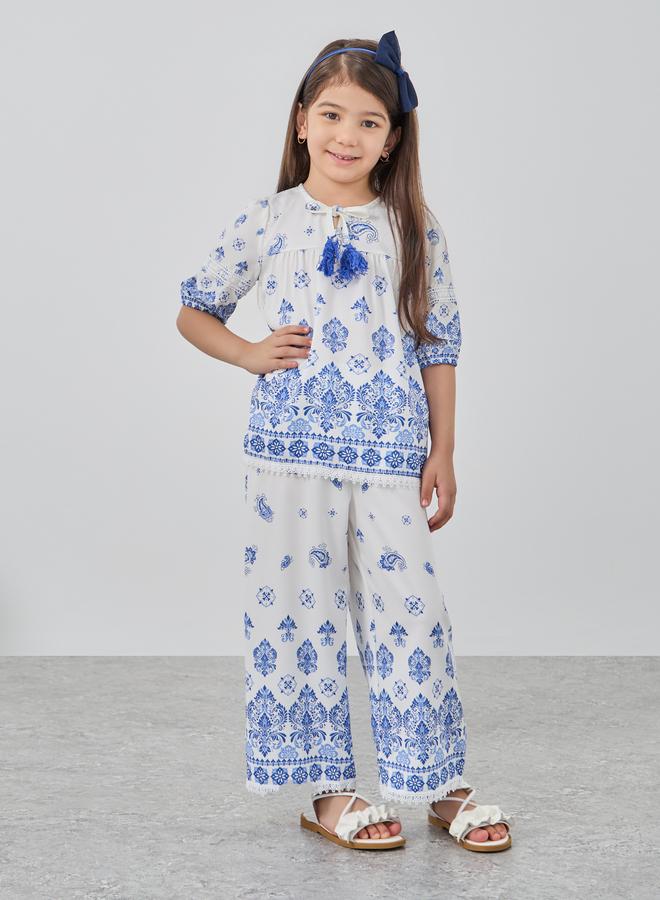 ستايلي طقم بناتي مطبوع بلوزة بياقة ربط وبنطلون واسع - Image 1