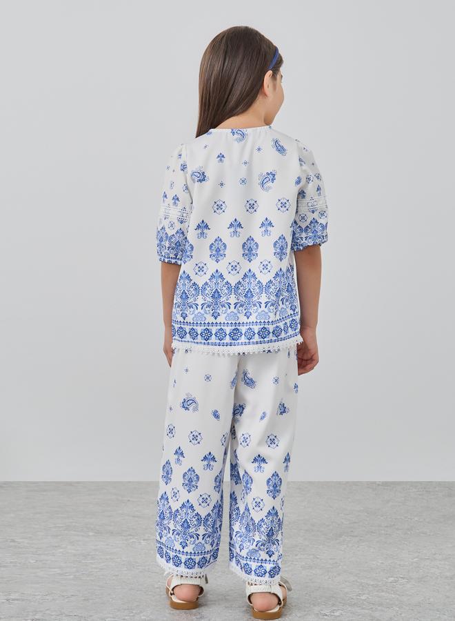 ستايلي طقم بناتي مطبوع بلوزة بياقة ربط وبنطلون واسع - Image 5