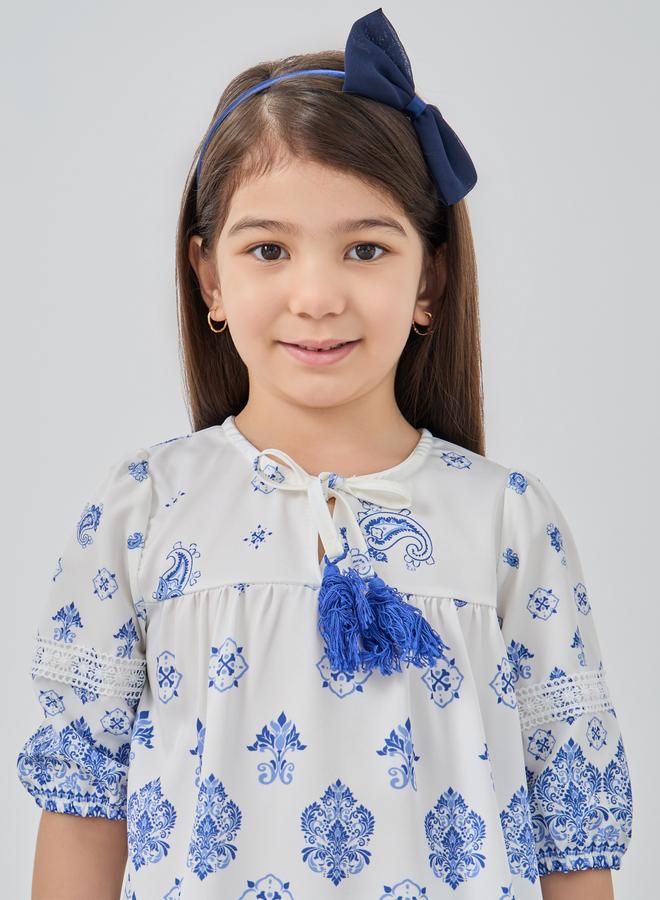 ستايلي طقم بناتي مطبوع بلوزة بياقة ربط وبنطلون واسع - Image 3