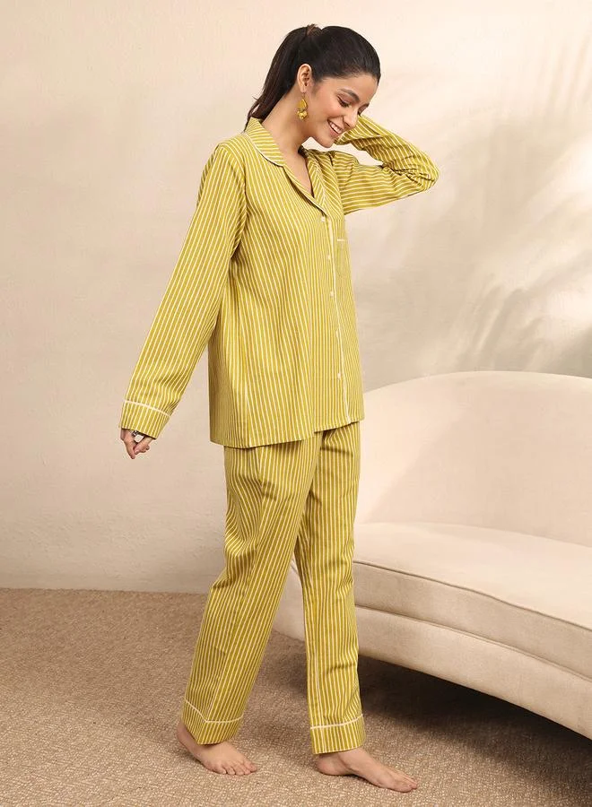 Libas Yellow Striped Cotton Shirt And Pants Set