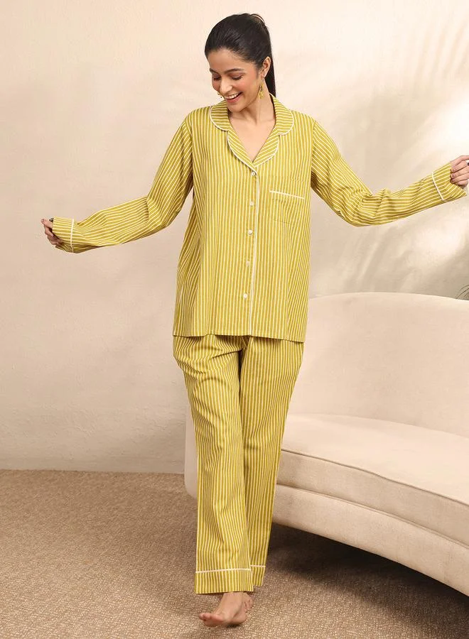 Libas Yellow Striped Cotton Shirt And Pants Set