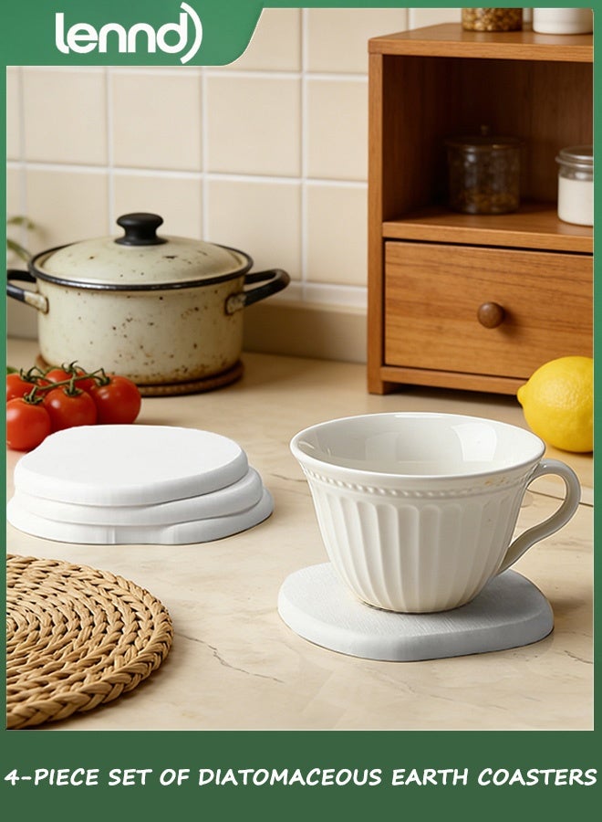 لينند مجموعة من 4 قواعد أكواب من التراب الدياتومي، قواعد أكواب سريعة الجفاف ماصة للمشروبات للمكاتب، تصميم حجري عصري لطيف مع جماليات بيضاء أنيقة، 4 وسادات حماية من الخدش قابلة للإزالة لكل قاعدة - Image 1