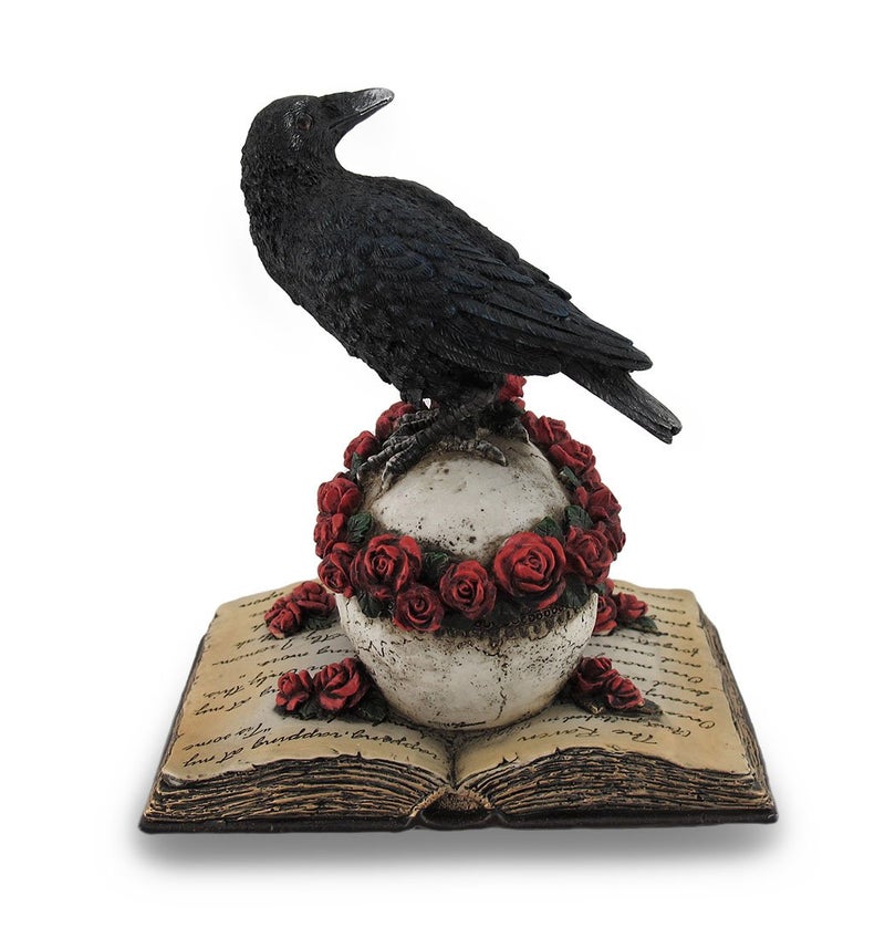Zeckos Mystical Raven on a Rose-Covered Skull Hand Painted Resin Statue -,Perched Upon 'The Raven' Poetry Book - an Artistic Fusion of Macabre and Literary Allure - Image 5
