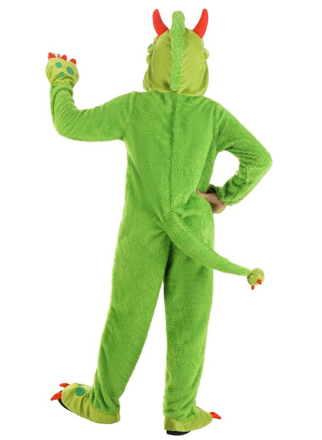 Fun Costumes B07PXPDNG4 title Green Monster Kids Halloween Costume - Plush Jumpsuit with Mitts, Claws, Hood, and Tail - Small - Green - Image 2