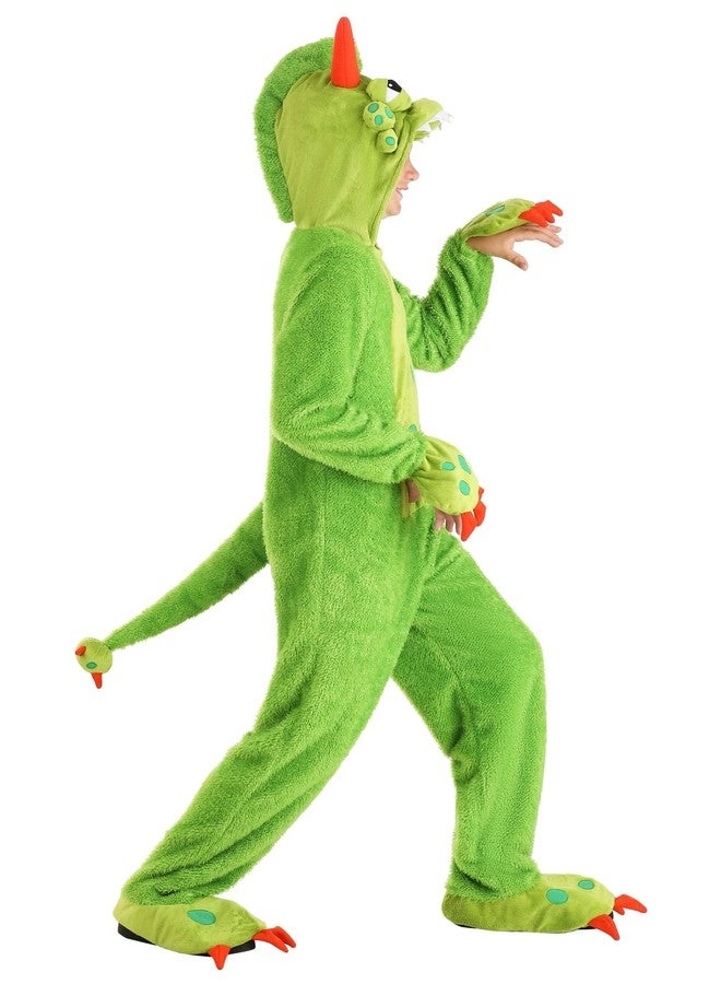 Fun Costumes B07PXPDNG4 title Green Monster Kids Halloween Costume - Plush Jumpsuit with Mitts, Claws, Hood, and Tail - Small - Green - Image 3