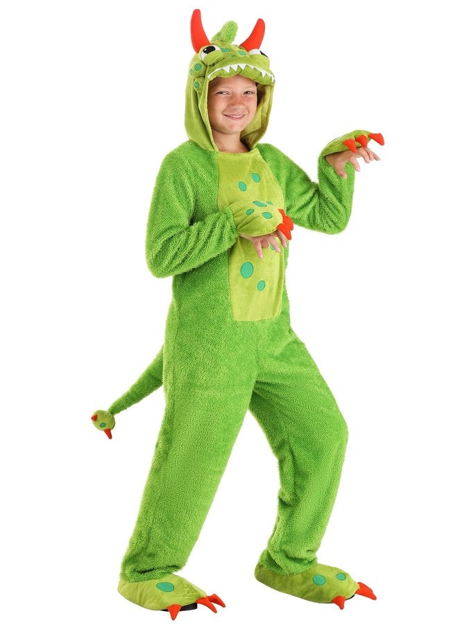 Fun Costumes B07PXPDNG4 title Green Monster Kids Halloween Costume - Plush Jumpsuit with Mitts, Claws, Hood, and Tail - Small - Green - Image 1
