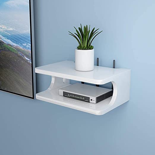 DDS Dream Decor Shoppee Engineered Wood Glossy Finish Modem Display Multipurpose Set Top Wall Shelf (White) - Image 1