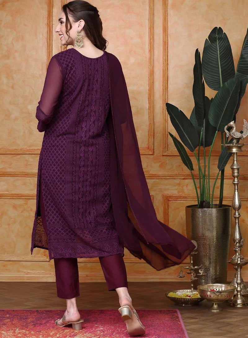 ISHIN Regular Fit Three-Quarter Sleeve Printed Purple Silk Woven Kurta Set For Women Flat Collar Perfect For Wedding And Engagement Pull On Closure - Image 5